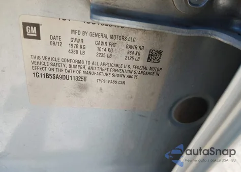 2013 Chevrolet Malibu 1Ls from USA, damaged, VIN 1G11B5SA9DU113258